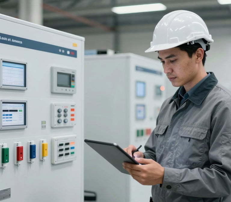Clean, modern logistics center in Latin America with an engineer using a tablet, snow white and oxford gray tones, emphasizing systems and data-driven efficiency, professional high-contrast photography.
