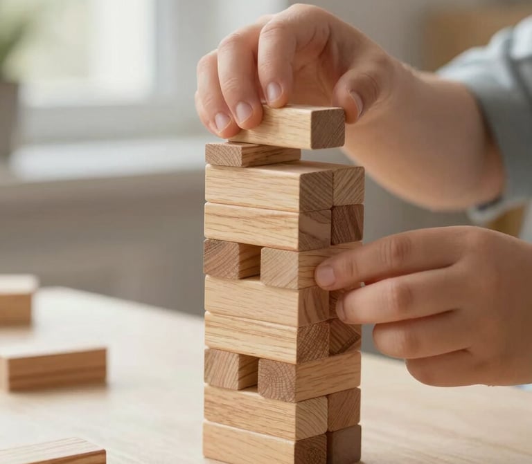 Close-up of a child's hands carefully stacking natural wooden blocks on a cream-colored table, soft side-lighting from a window, warm tones.