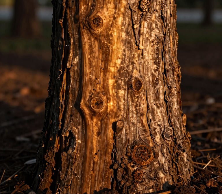Macro shot of textured sandalwood tree bark, golden twilight light, rich dark soil at the base.