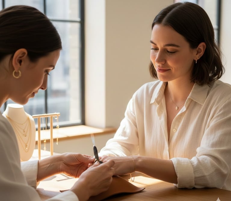 a woman in a white shirt and a woman in a white shirt applying permanent jewelry bracelet 