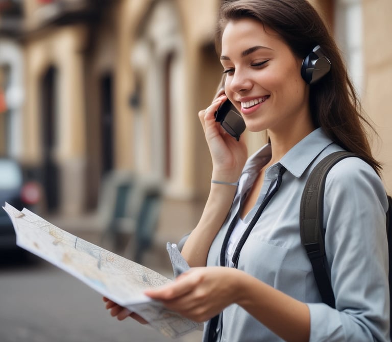 A smiling customer service representative assisting a traveler over the phone.