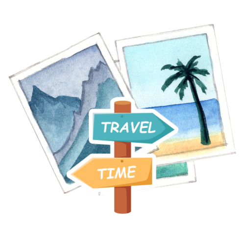polaroid pictures of mountains and a palm tree with a sign saying travel time in the front