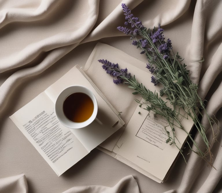 A cup of herbal tea and dried lavender sprigs on an open vintage book over beige linen fabric.