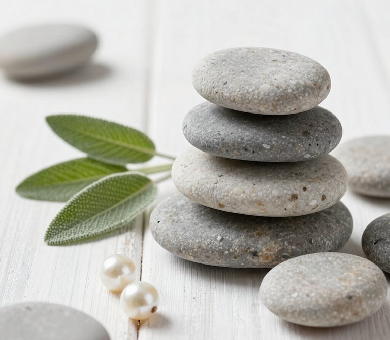 Close-up of smooth soft pebble grey stones stacked perfectly on a pearl white wooden surface. A sprig of sage green lavender lies beside them. Professional photography in a bright Western European / French wellness studio style.