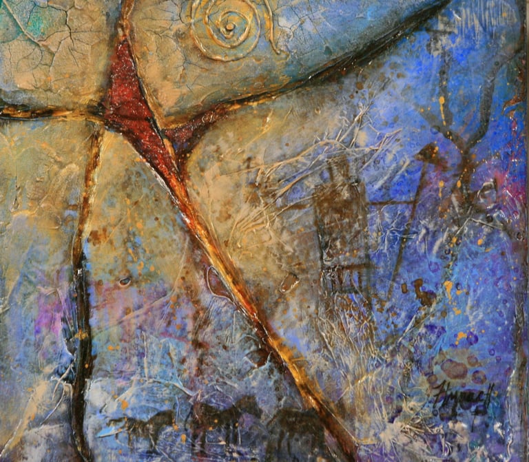 Textured abstract art with a prominent red crack and swirl, revealing horses and a city in blue and brown tones.