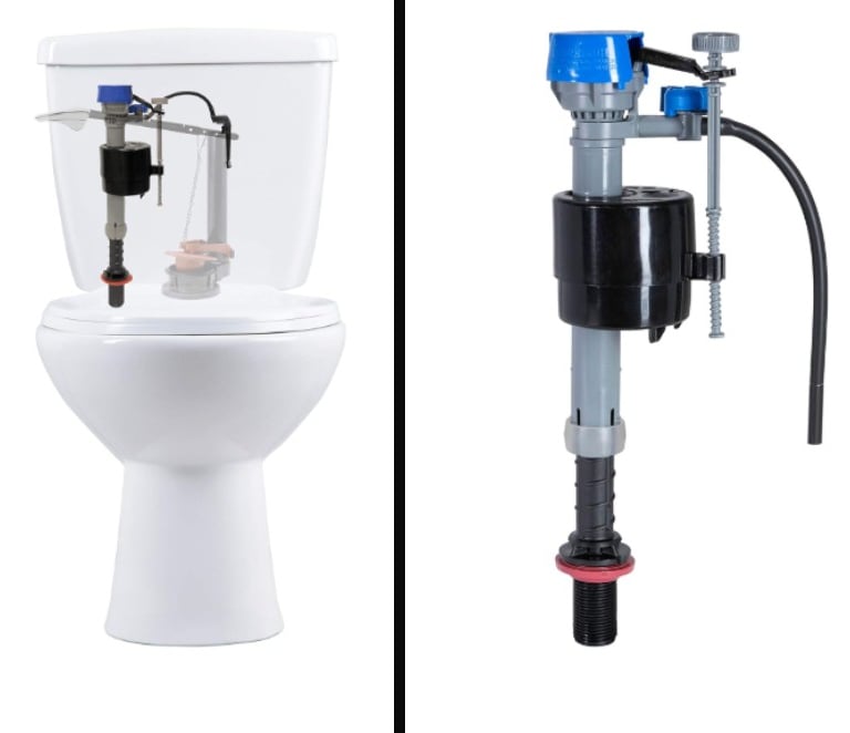 Collage showing a toilet fill valve and its placement in the tank.