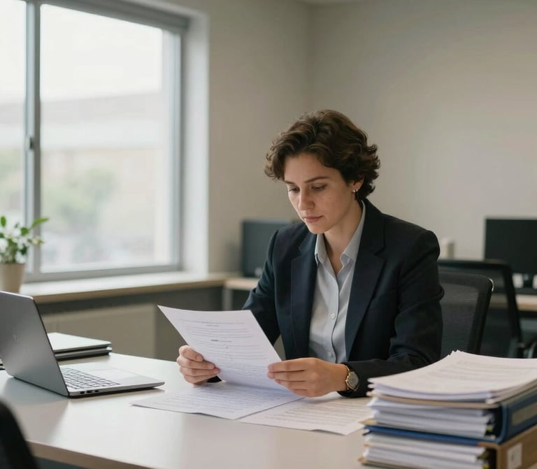 Wide office interior, South African tax practitioner seated at a clean desk reviewing printed documents under soft natural daylight from a window to the left, organised files and a laptop visible, calm professional atmosphere, medium shot from slight angle