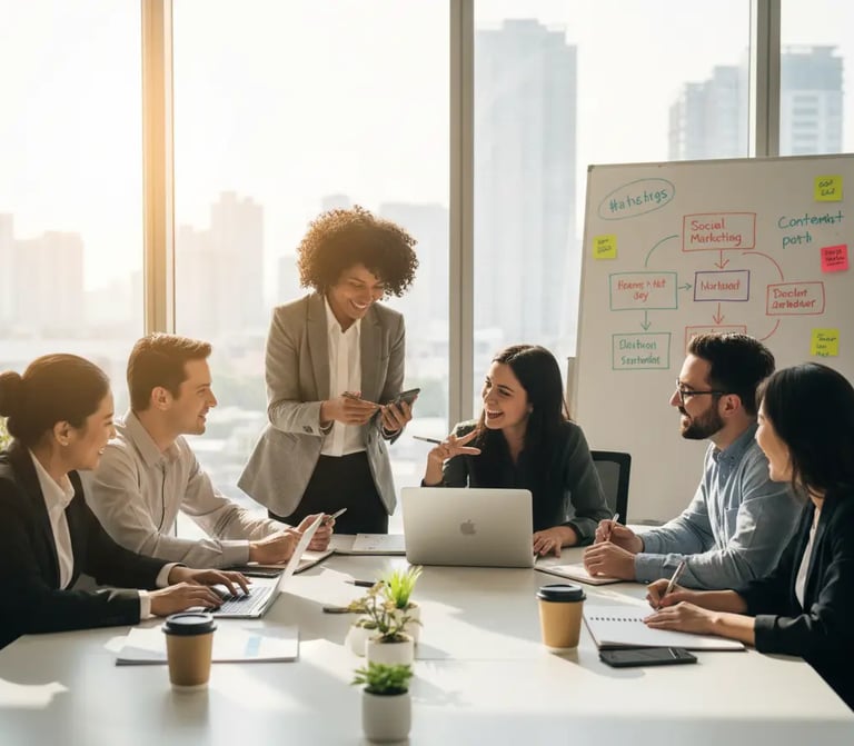 A group of six professionals meet around a table, discussing common sense marketing ideas
