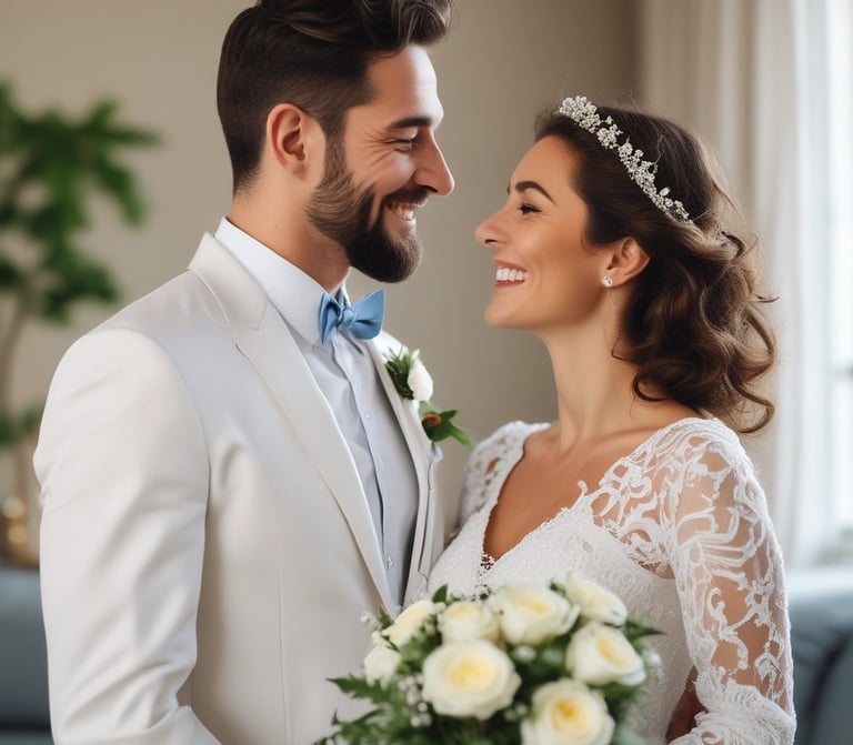 a man and woman standing in a field