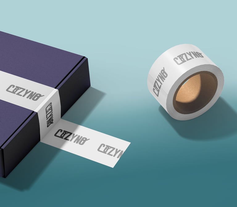Custom branded packaging tape with Cozyno logo sealing a dark blue shipping box. mockup