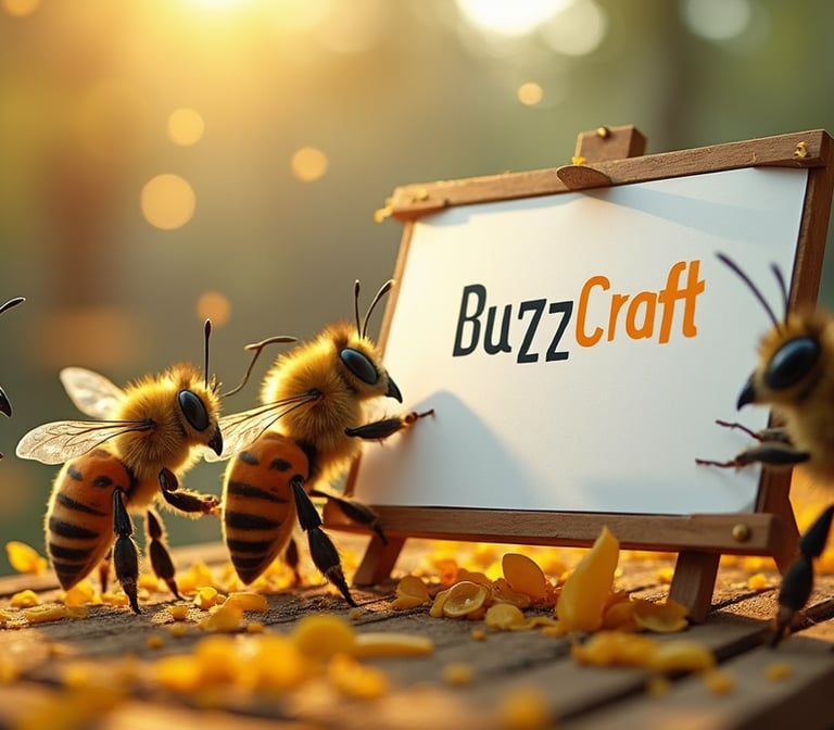 a group of bees are standing in front of a sign that says buzzz