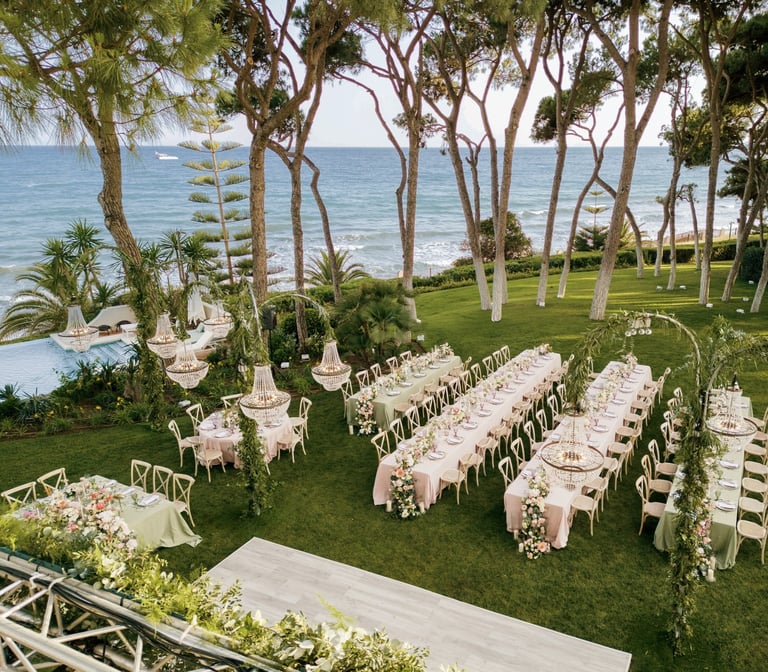Aerial view of Villa El Rincon in Marbella during a luxury seaside destination wedding with Mediterranean scenery.