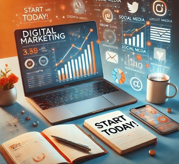 Digital marketing workspace with laptop displaying SEO analytics, growth charts, and social media.