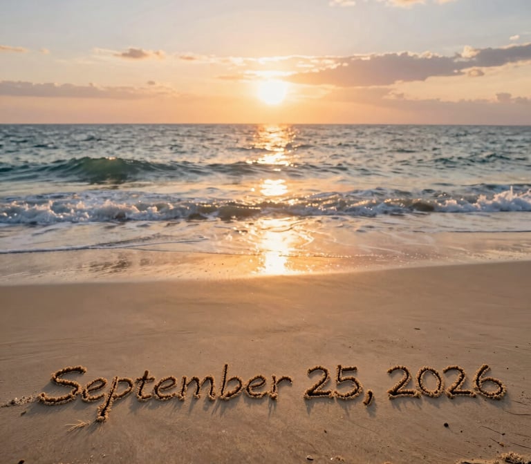 25 septembre, 2026 written in sand on a beach at sunset with ocean waves.