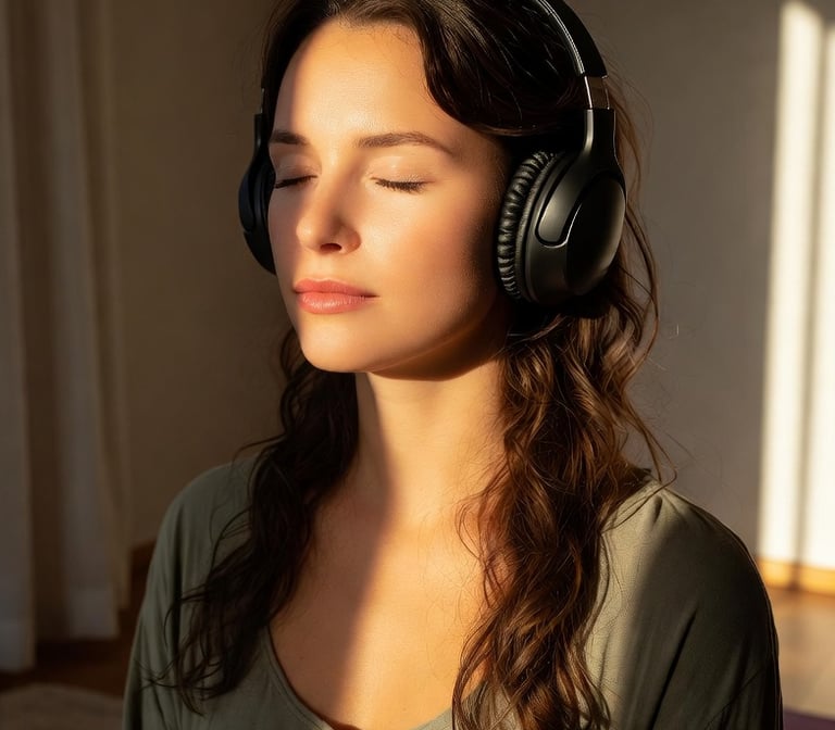 A serene woman with eyes closed wearing black over-ear headphones while meditating in natural sunlight.