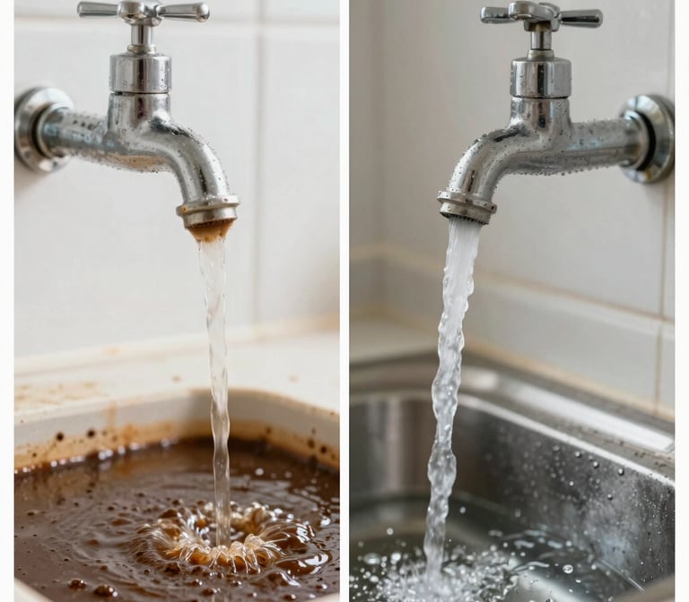 Comparison of dirty brown water and clean tap water flowing from a chrome kitchen faucet.