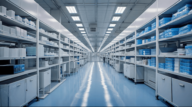 Modern pharmaceutical warehouse with organized medical supplies on white metal industrial shelving units.