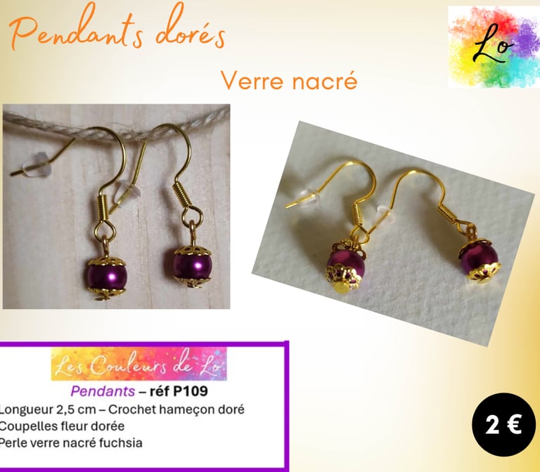 Pendants dorés verre nacré fuchsia Les Couleurs de Lo