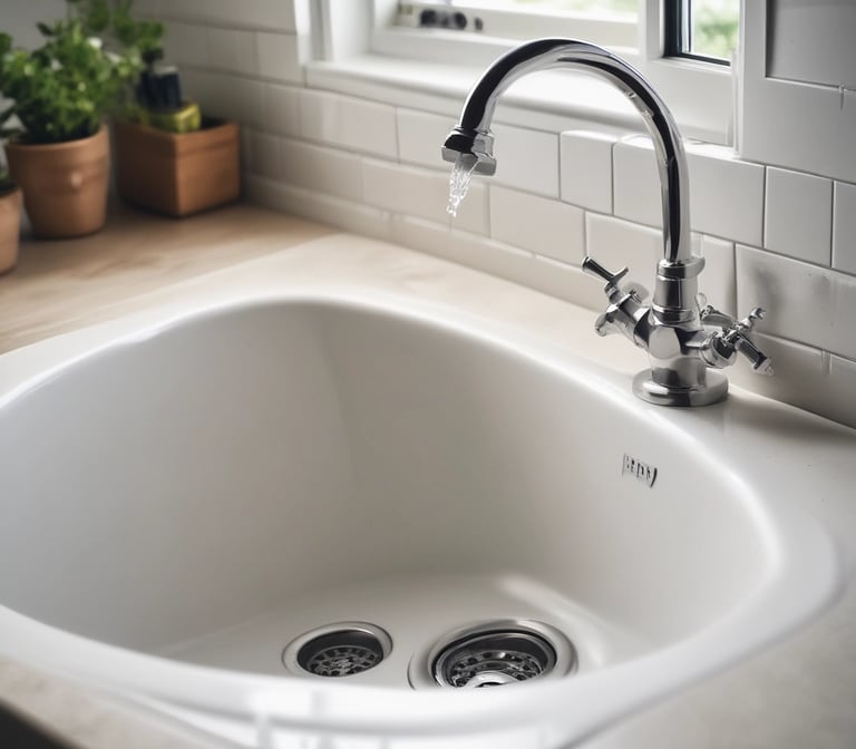 A plumber fixing a clogged sink with tools and water flowing.