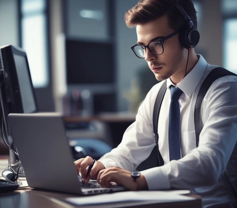 A cloud-shaped object with server racks is connected via cables to a computer monitor. The setup is surrounded by several black squares on a blue background, evoking concepts of cloud computing and data networks.