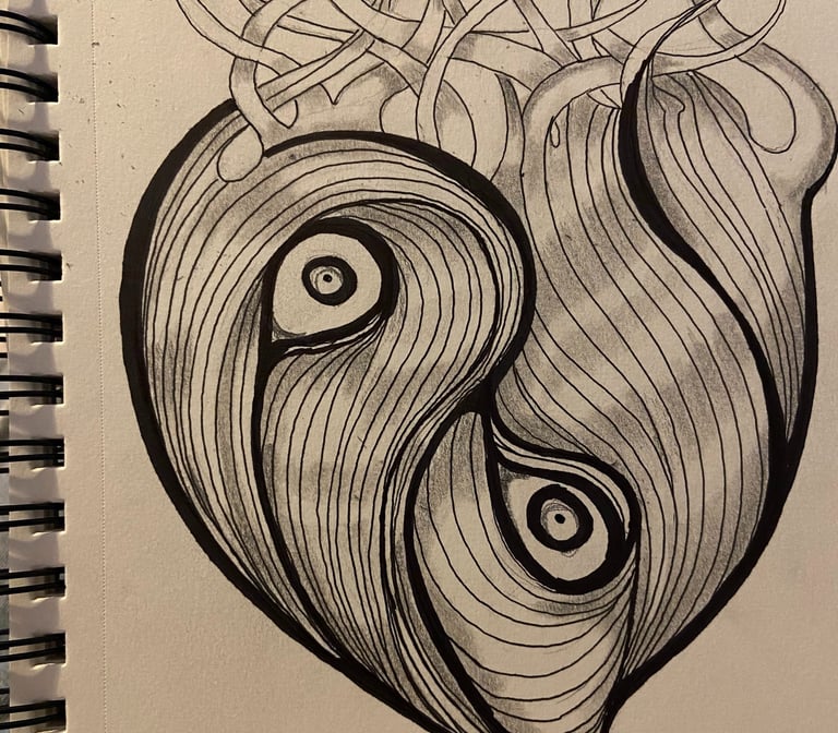 Pen and ink drawing of a bleeding heart