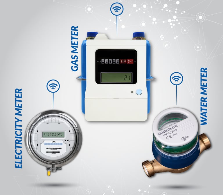 a digital display of a smart water, gas, and electricity meters