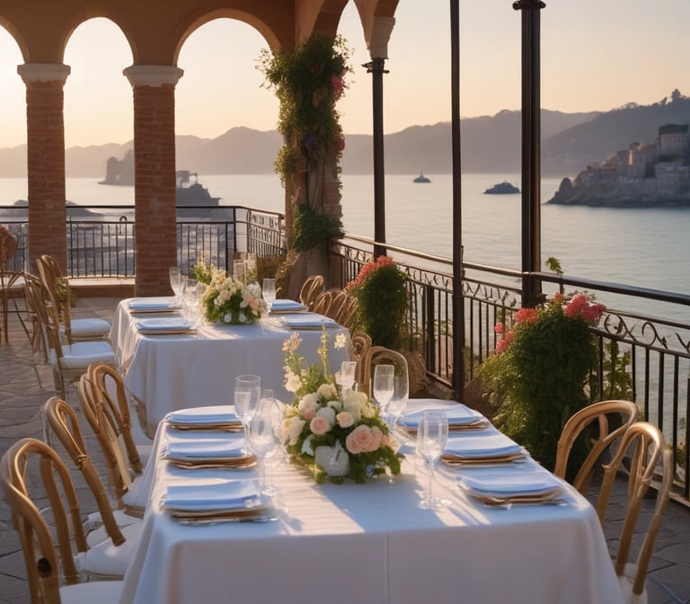 An elegant wedding setup by the seaside.