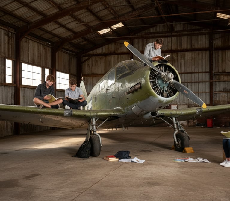 aspiring pilots studying in a hanger