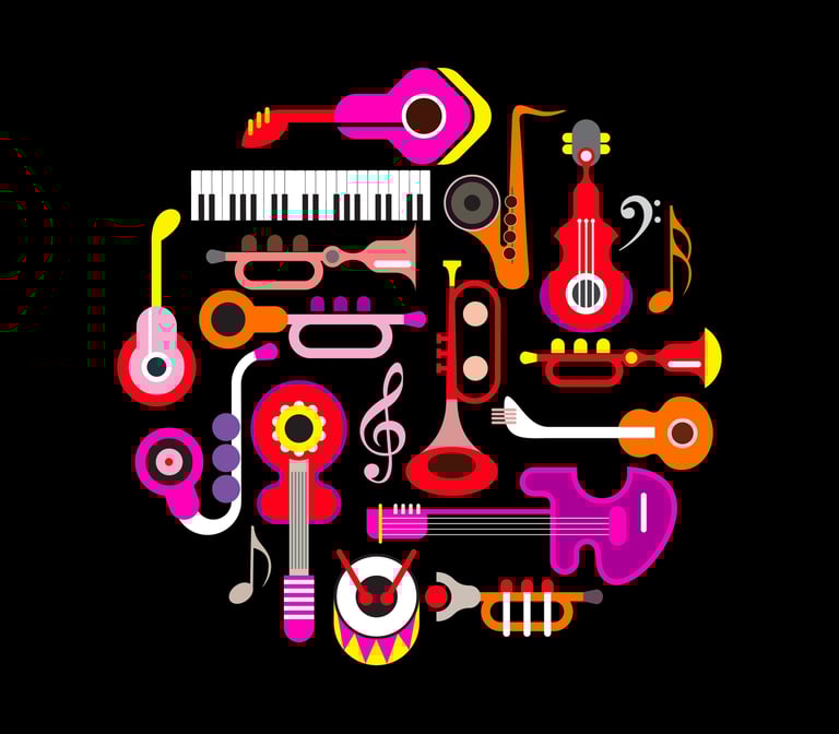 a circle of musical instruments and musical instruments