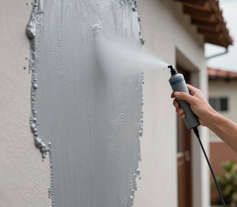A close-up of a professional applying high-quality textured plastic coating to a modern residential wall in a South American / Latin American neighborhood. The coating is a clean mist grey, showing intricate texture under bright daylight.