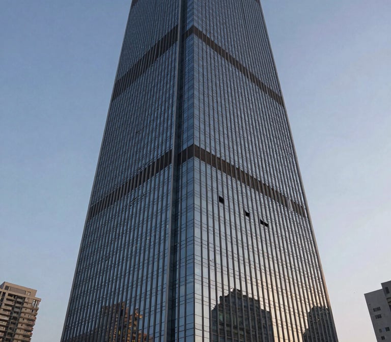 A low-angle shot of a stunning modern commercial skyscraper in Noida, featuring glass and steel, during the blue hour. The lighting is sophisticated and professional, reflecting a South Asian city atmosphere.