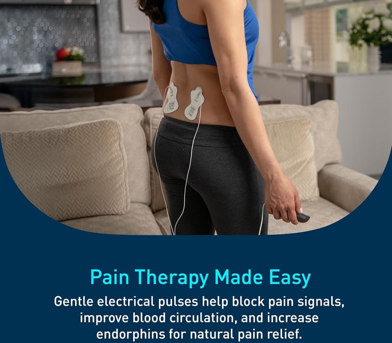 Woman using OMRON Max Power Relief TENS Device (PM500) on her low back for back pain relief