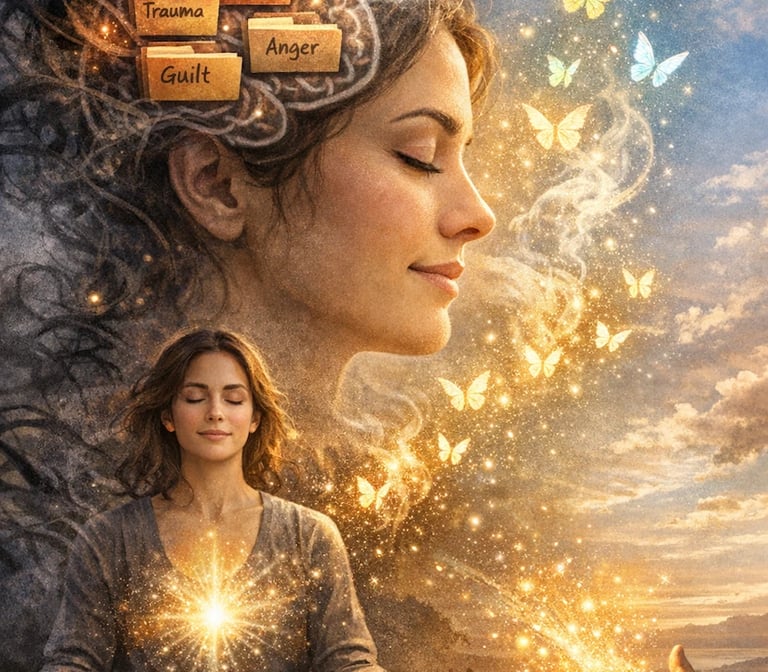 A woman releases stored emotional energies as light and butterflies, symbolizing healing and inner transformation