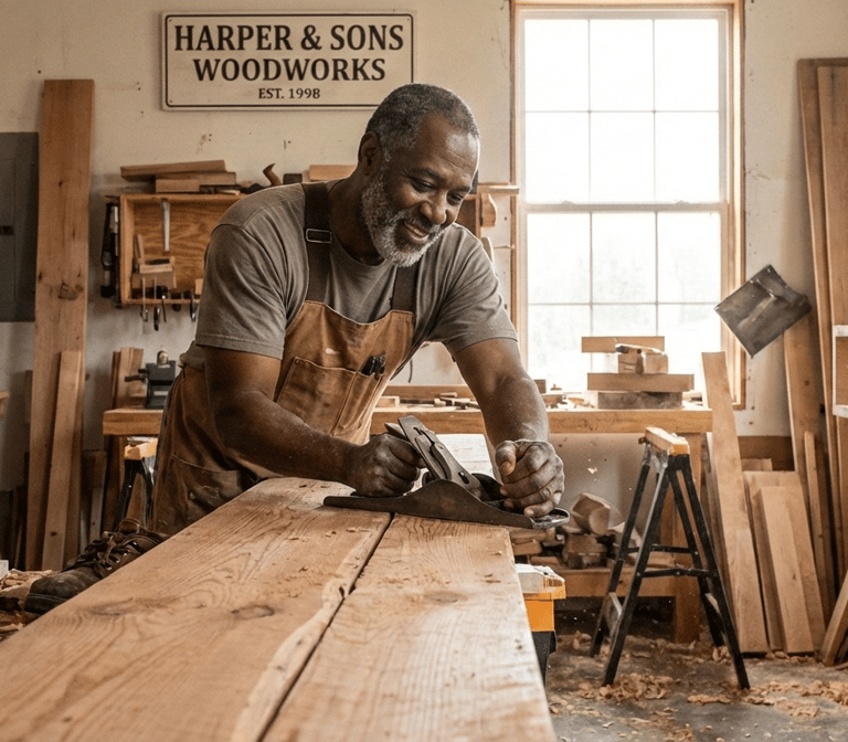 A small business owner, who owns a carpentry shop doing working