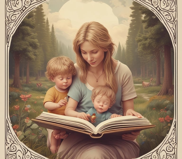 a woman reading a book while holding a baby
