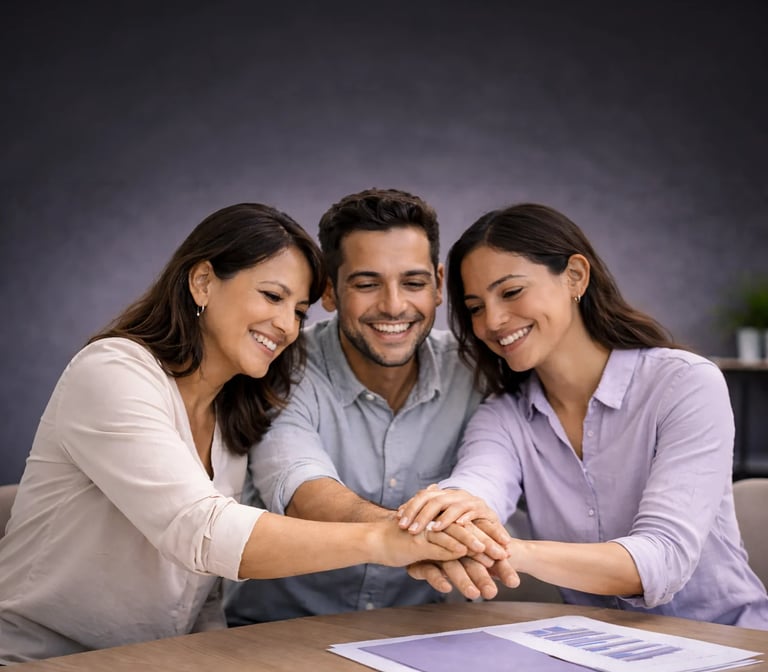 Compañeros de trabajo sonrientes, con las manos apiladas sobre el escritorio