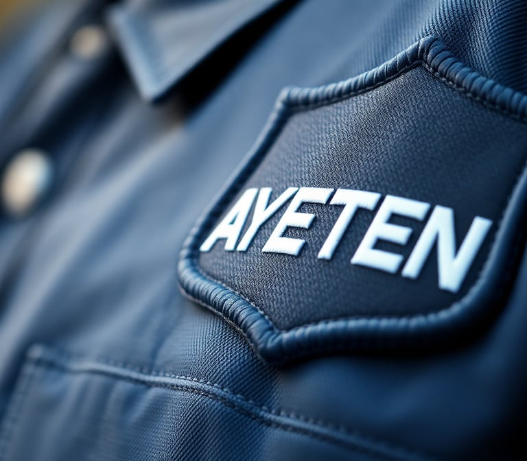 Close-up of a blue security officer uniform featuring a stitched AYETEN name patch on the chest.