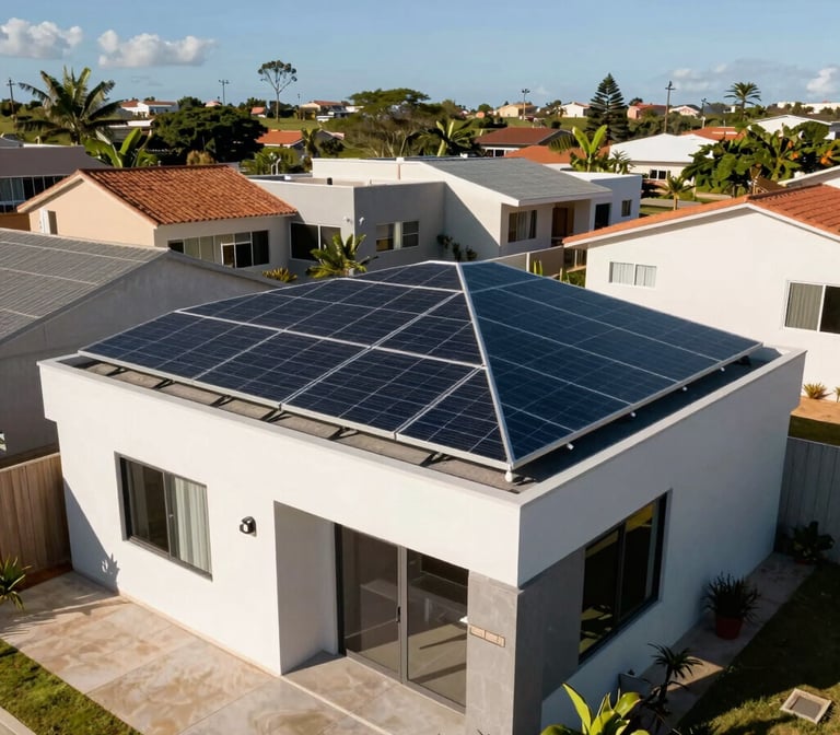 A sunny view of a modern South American Brazilian suburban house with a complete solar energy system on the roof, clean lines, professional real estate photography style.