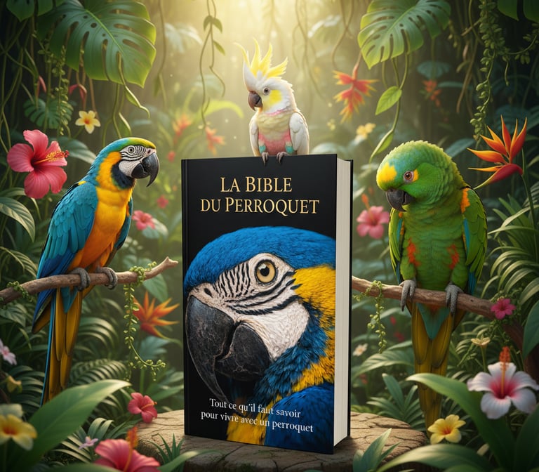 A Macaw book titled La Bible du Perroquet surrounded by colorful parrots in a lush tropical jungle.