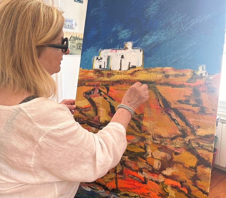 For Santorini, Mireille used acrylic and then finalised with pastel for this painting