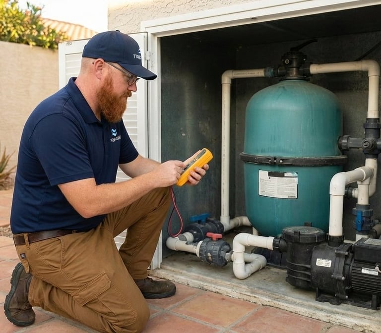 Pool technician completing a pool filter diagnosis evaluating circulation and filtration system