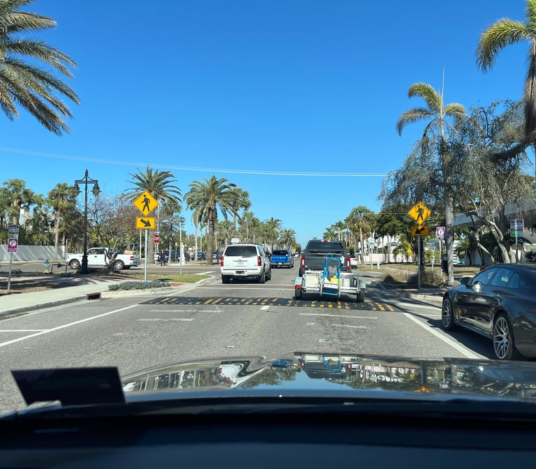 a car driving down a street with palm trees