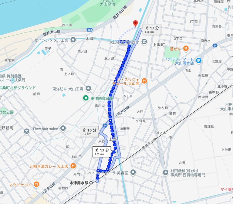 木津用水駅から犬山中への道のり