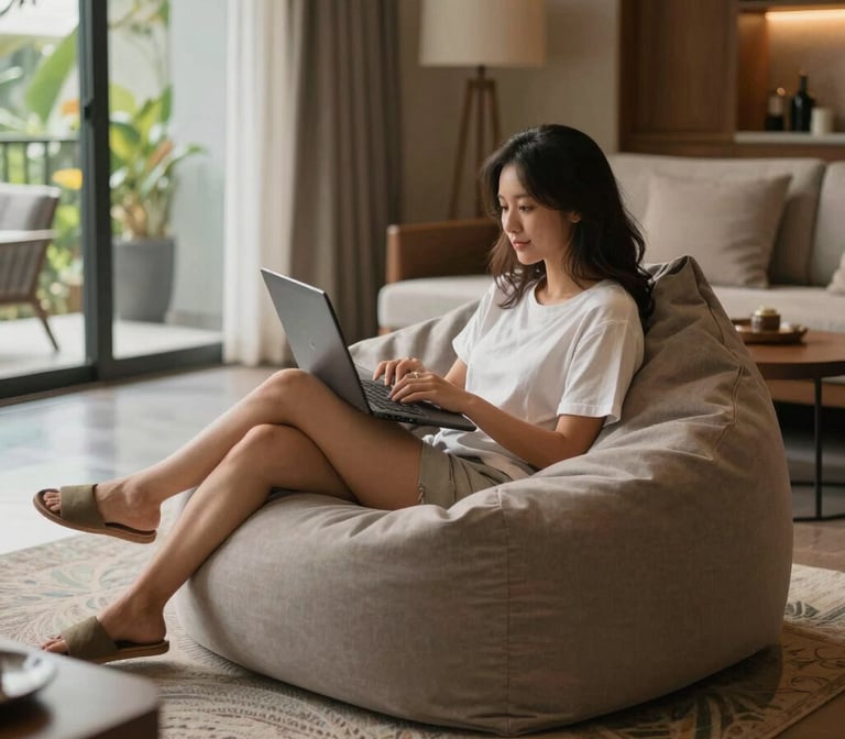 A young woman using a laptop while relaxing in a grey bean bag chair in a modern living room.