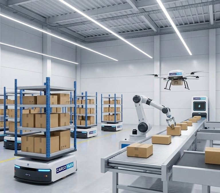 Automated Logistics Warehouse with Robots & Drones for CargoYaan Vision