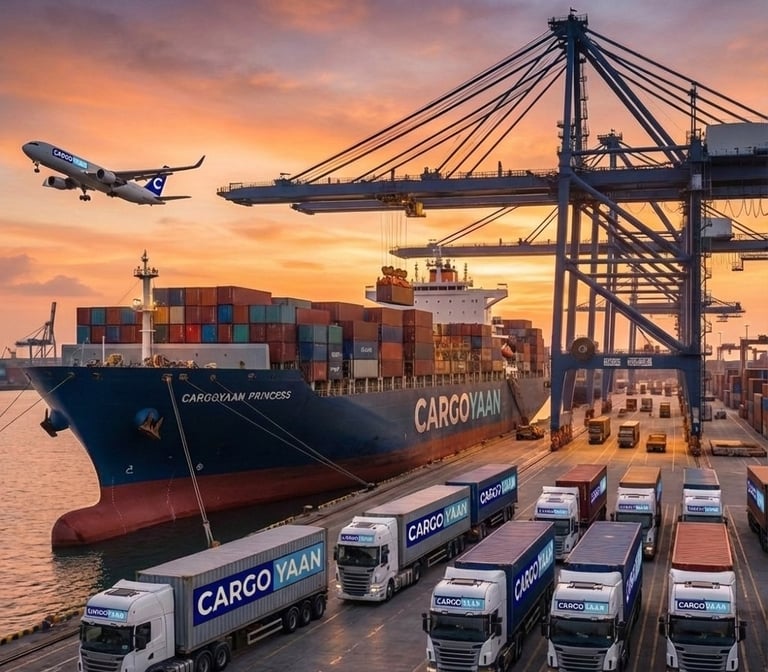 CargoYaan Container Ship & Trucks at Port for Global Logistics Mission
