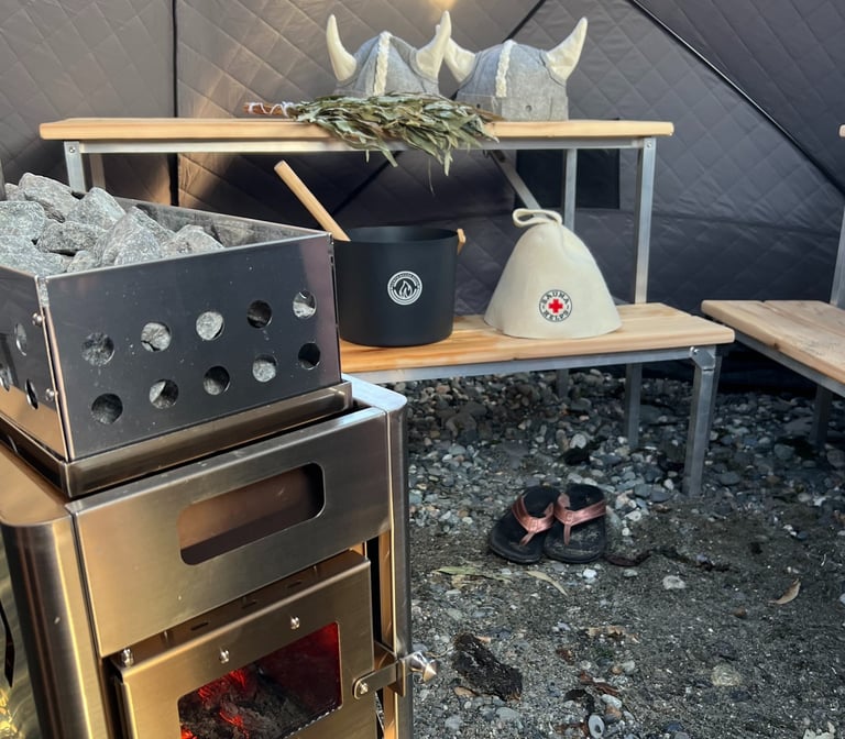 sauna tent, sauna hats, bucket and ladle