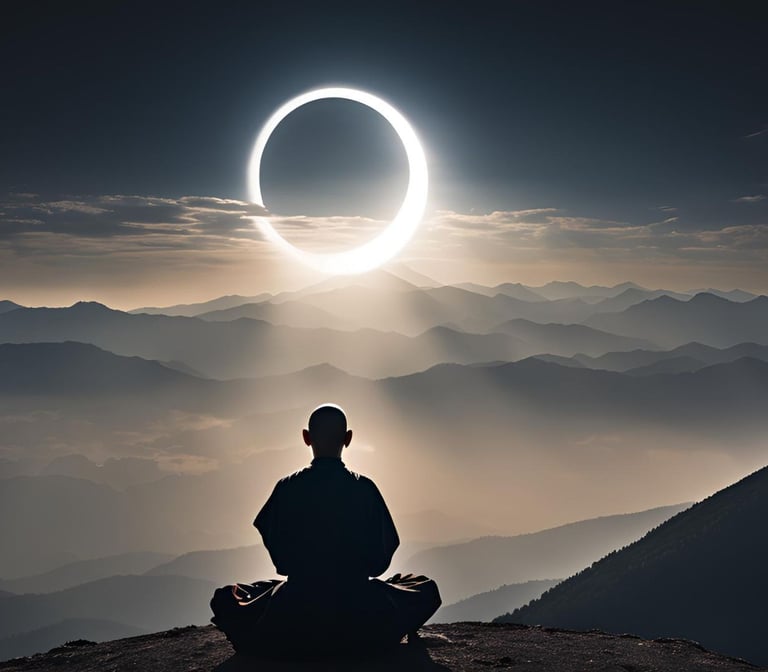 homme qui medite face a une eclipse de soleil sur une montagne, bien-etre, retour a soi,  magnetiseur nantes chrsophe meunier