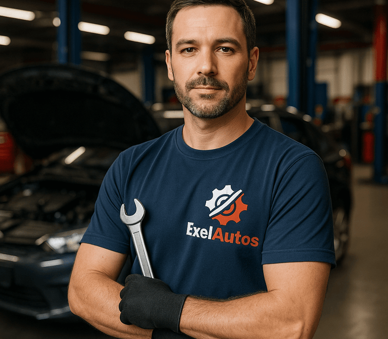 Technicien ExelAutos posant avec une clé plate devant un véhicule en atelier de réparation auto