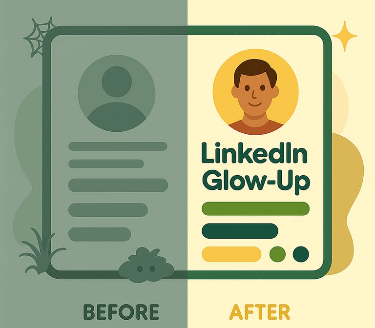 Whimsical graphic for LinkedIn profile update services, LinkedIn optimization, LinkedIn glow up